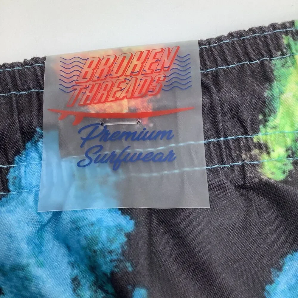 Broken Threads Mens Swim Trunks Black Multi Swirl Size Medium‎ NWT